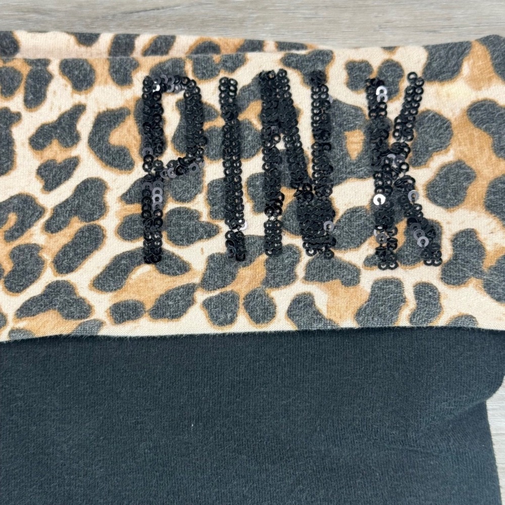 VS PINK Foldover Capri Leggings Medium M Short Leopard Sequin Bling Black Y2K - Picture 2 of 12